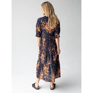 Floral Tiered Midi Dress - Navy with Orange Floral